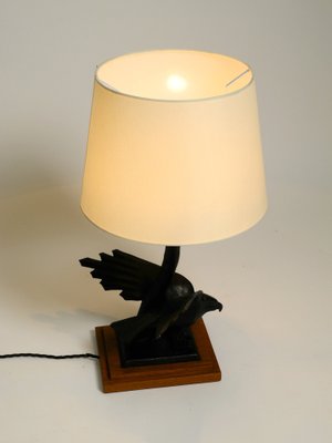 Very Large Iron in the Shape of an Eagle with a Teak Wooden Base Table Lamp, 1940s-RR-1304345