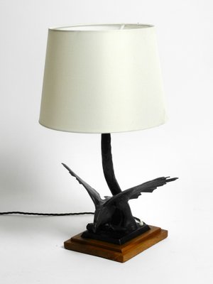 Very Large Iron in the Shape of an Eagle with a Teak Wooden Base Table Lamp, 1940s-RR-1304345