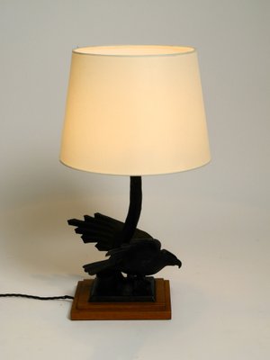 Very Large Iron in the Shape of an Eagle with a Teak Wooden Base Table Lamp, 1940s-RR-1304345