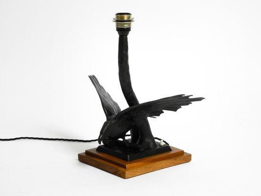 Very Large Iron in the Shape of an Eagle with a Teak Wooden Base Table Lamp, 1940s-RR-1304345