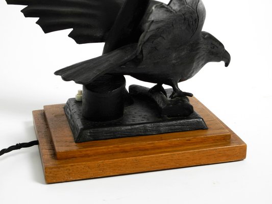 Very Large Iron in the Shape of an Eagle with a Teak Wooden Base Table Lamp, 1940s-RR-1304345