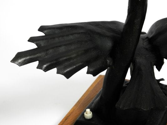 Very Large Iron in the Shape of an Eagle with a Teak Wooden Base Table Lamp, 1940s-RR-1304345