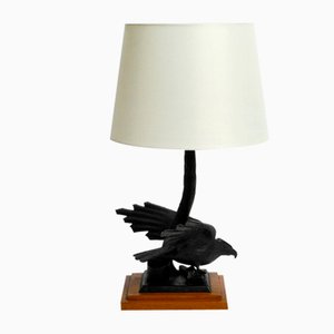 Very Large Iron in the Shape of an Eagle with a Teak Wooden Base Table Lamp, 1940s-RR-1304345