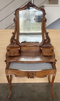 Victorian Carved Mahogany Dresser Table with Attached Mirror, 1850-PSK-2028851