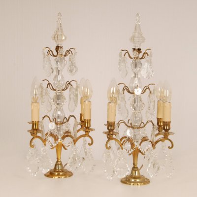 Victorian French Gilt Table Lamps with 4 Lights & Clear Crystal Prism Pendants, Set of 2-GOE-1168141