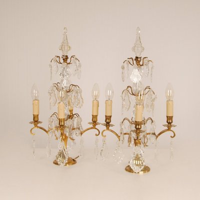 Victorian French Gilt Table Lamps with 4 Lights & Clear Crystal Prism Pendants, Set of 2-GOE-1168141