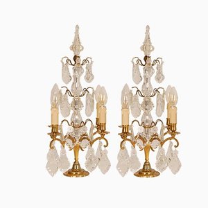 Victorian French Gilt Table Lamps with 4 Lights & Clear Crystal Prism Pendants, Set of 2-GOE-1168141