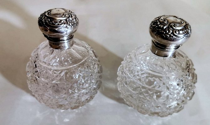 Victorian Lead Crystal and Silver Bathroom Flasks by Phineas Harry Levi & Joseph Wolfe Salaman, England, 1907, Set of 2-QRS-875286