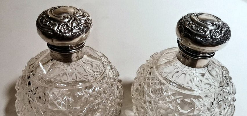 Victorian Lead Crystal and Silver Bathroom Flasks by Phineas Harry Levi & Joseph Wolfe Salaman, England, 1907, Set of 2-QRS-875286