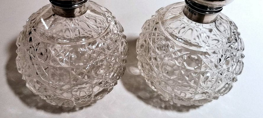 Victorian Lead Crystal and Silver Bathroom Flasks by Phineas Harry Levi & Joseph Wolfe Salaman, England, 1907, Set of 2-QRS-875286