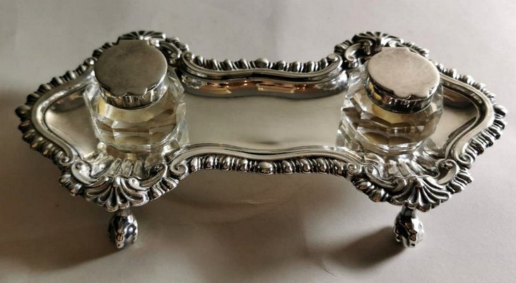 Victorian Queen Anne Style English Silver Plated Inkwell-QRS-837848