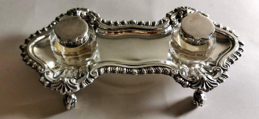 Victorian Queen Anne Style English Silver Plated Inkwell-QRS-837848