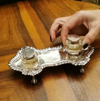 Victorian Queen Anne Style English Silver Plated Inkwell-QRS-837848