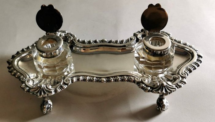 Victorian Queen Anne Style English Silver Plated Inkwell-QRS-837848