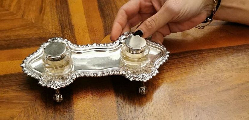 Victorian Queen Anne Style English Silver Plated Inkwell-QRS-837848