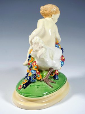 Vienna Art Ceramics Art Nouveau Figure Putto Riding a Rooster by Doblinger, 1910, 1890s-EMT-1704070