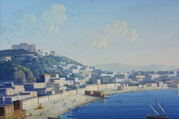 View of the Gulf of Naples, Italy, 1990s, Gouache on Cardboard, Framed-VHF-1257129