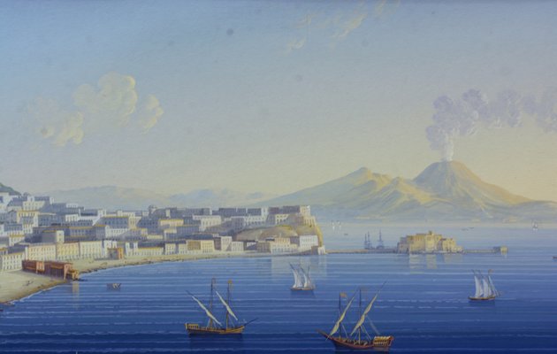 View of the Gulf of Naples, Italy, 1990s, Gouache on Cardboard, Framed-VHF-1257129