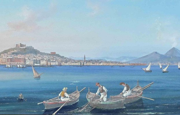 View of the Gulf of Naples with Vesuvius in the Background, Gouache, 19th-Century-ZCI-1257800