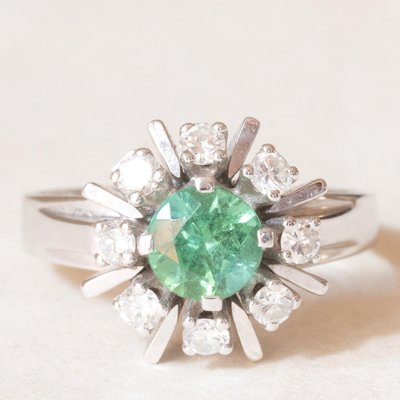 Vintage 14k White Gold Daisy Ring with Green Tourmaline and Brilliant Cut Diamonds, 1970s-PPA-2022344