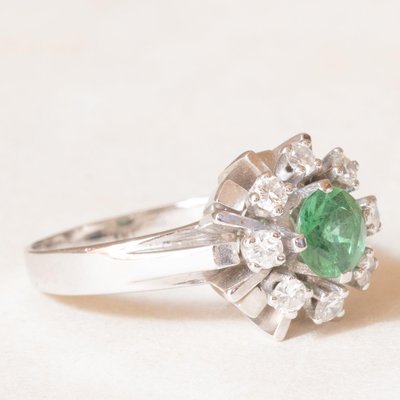 Vintage 14k White Gold Daisy Ring with Green Tourmaline and Brilliant Cut Diamonds, 1970s-PPA-2022344