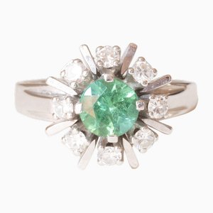 Vintage 14k White Gold Daisy Ring with Green Tourmaline and Brilliant Cut Diamonds, 1970s-PPA-2022344