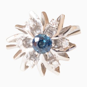 Vintage 14k White Gold Daisy Ring with Sapphire and Brilliant Cut Diamonds, 1980s-PPA-2022343