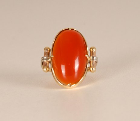 Vintage 14K Yellow Gold Statement Ring with Carnelian Agate Stone Cabochon Cut and White Gold Accent-GOE-960972