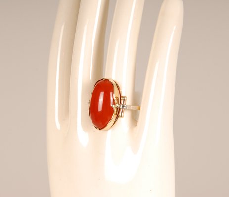 Vintage 14K Yellow Gold Statement Ring with Carnelian Agate Stone Cabochon Cut and White Gold Accent-GOE-960972