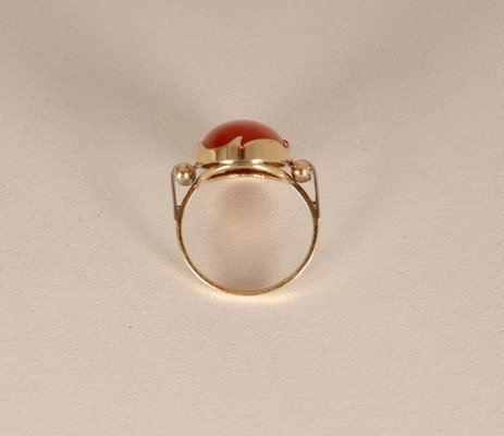 Vintage 14K Yellow Gold Statement Ring with Carnelian Agate Stone Cabochon Cut and White Gold Accent-GOE-960972