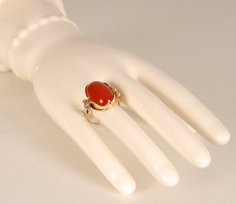 Vintage 14K Yellow Gold Statement Ring with Carnelian Agate Stone Cabochon Cut and White Gold Accent-GOE-960972