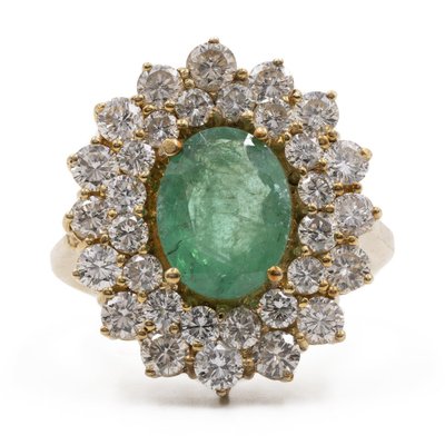 Vintage 18k Yellow Gold Daisy Ring with Emerald and Diamonds, 1960s-PPA-2036552