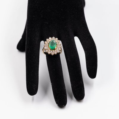 Vintage 18k Yellow Gold Daisy Ring with Emerald and Diamonds, 1960s-PPA-2036552