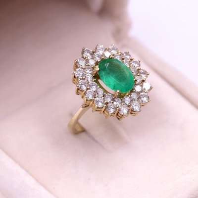 Vintage 18k Yellow Gold Daisy Ring with Emerald and Diamonds, 1960s-PPA-2036552