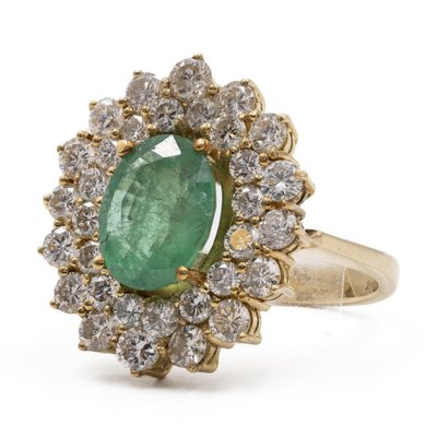 Vintage 18k Yellow Gold Daisy Ring with Emerald and Diamonds, 1960s-PPA-2036552