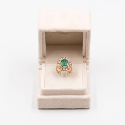 Vintage 18k Yellow Gold Daisy Ring with Emerald and Diamonds, 1960s-PPA-2036552