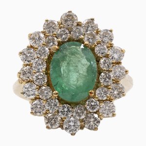 Vintage 18k Yellow Gold Daisy Ring with Emerald and Diamonds, 1960s-PPA-2036552