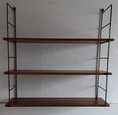 Vintage 3-Tier String Shelf with Black Wire Frame & Shelves in Teak Veneer Chipboard, 1970s-HOI-941756