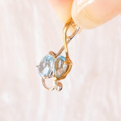 Vintage 9k Yellow Gold Chain Necklace with 9k Yellow and White Gold Pendant with Blue Topaz and Diamond, 1990s-PPA-2035218