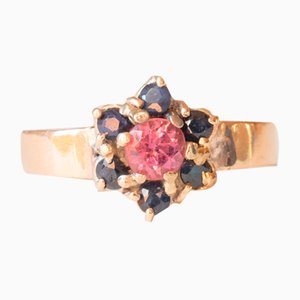 Vintage 9k Yellow Gold Flower Ring with Pink Tourmaline and Sapphires-PPA-2040820