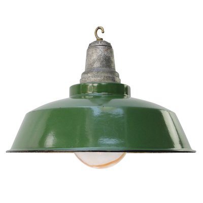 Vintage American Industrial Green Enamel and Glass Pendant Light-BLS-1393204