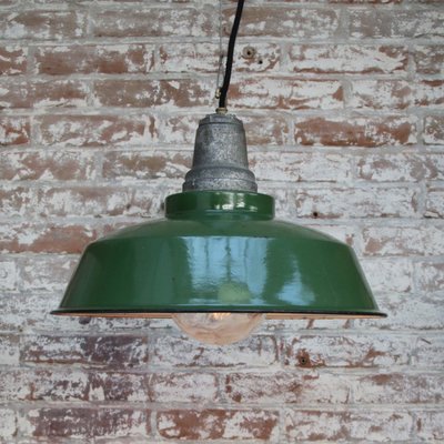 Vintage American Industrial Green Enamel and Glass Pendant Light-BLS-1393204