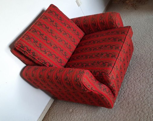 Vintage Armchair with Wheels in Red and Brown Fabric, 1970s-HOI-836806