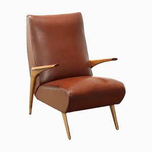 Vintage Armchair with Wood Spring Padding Leatherette, 1950s-VMM-2021999