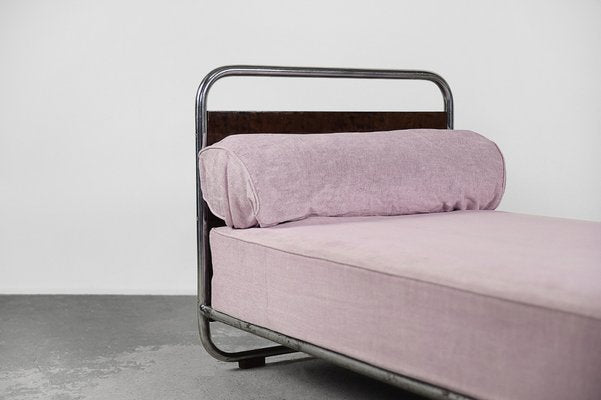 Vintage Art Deco Bauhaus Streamline Burled Wood & Tubular Steel Bed, 1920s-ZAA-1286436