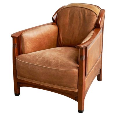 Vintage Art Deco Chair in Oak and Cognac Leather, 1980s-FEW-2024246