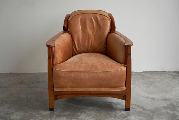 Vintage Art Deco Chair in Oak and Cognac Leather, 1980s-FEW-2024246