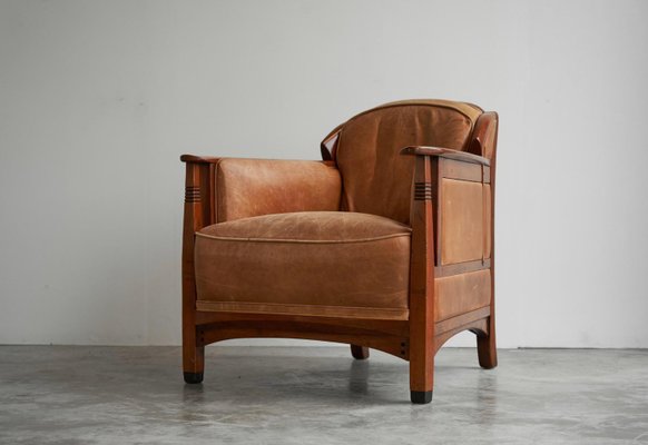 Vintage Art Deco Chair in Oak and Cognac Leather, 1980s-FEW-2024246