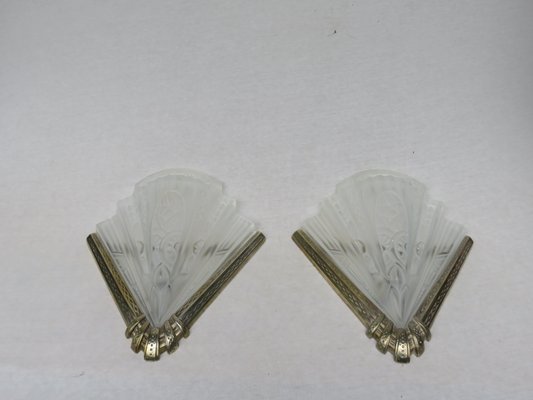 Vintage Art Deco Etched Glass & Nickel-Plated Wall Lights from Frontisi, Set of 2-EY-646961