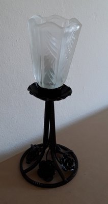 Vintage Art Deco French Black Painted Wrough Iron Table Lamp, 1930s-HOI-1364561